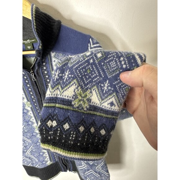 Eddie Bauer Merino Wool Nordic Zip Sweater Blue Fair Isle Cardigan Women’s M/L - Picture 2 of 7